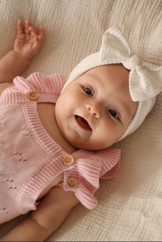 Pointelle frill romper - soft rose